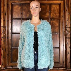 NWOT Colleen Lopez Aqua Faux Feather Jacket